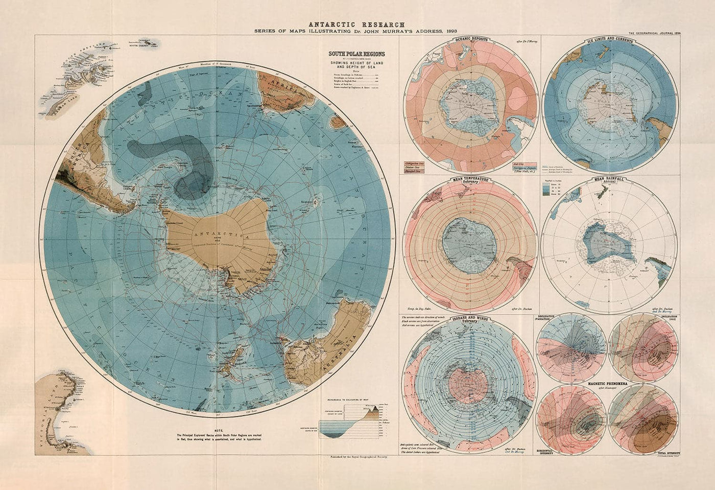 Old Antarctica Research Map, 1894 - Geography Atlas And Explorer Map of the South Pole