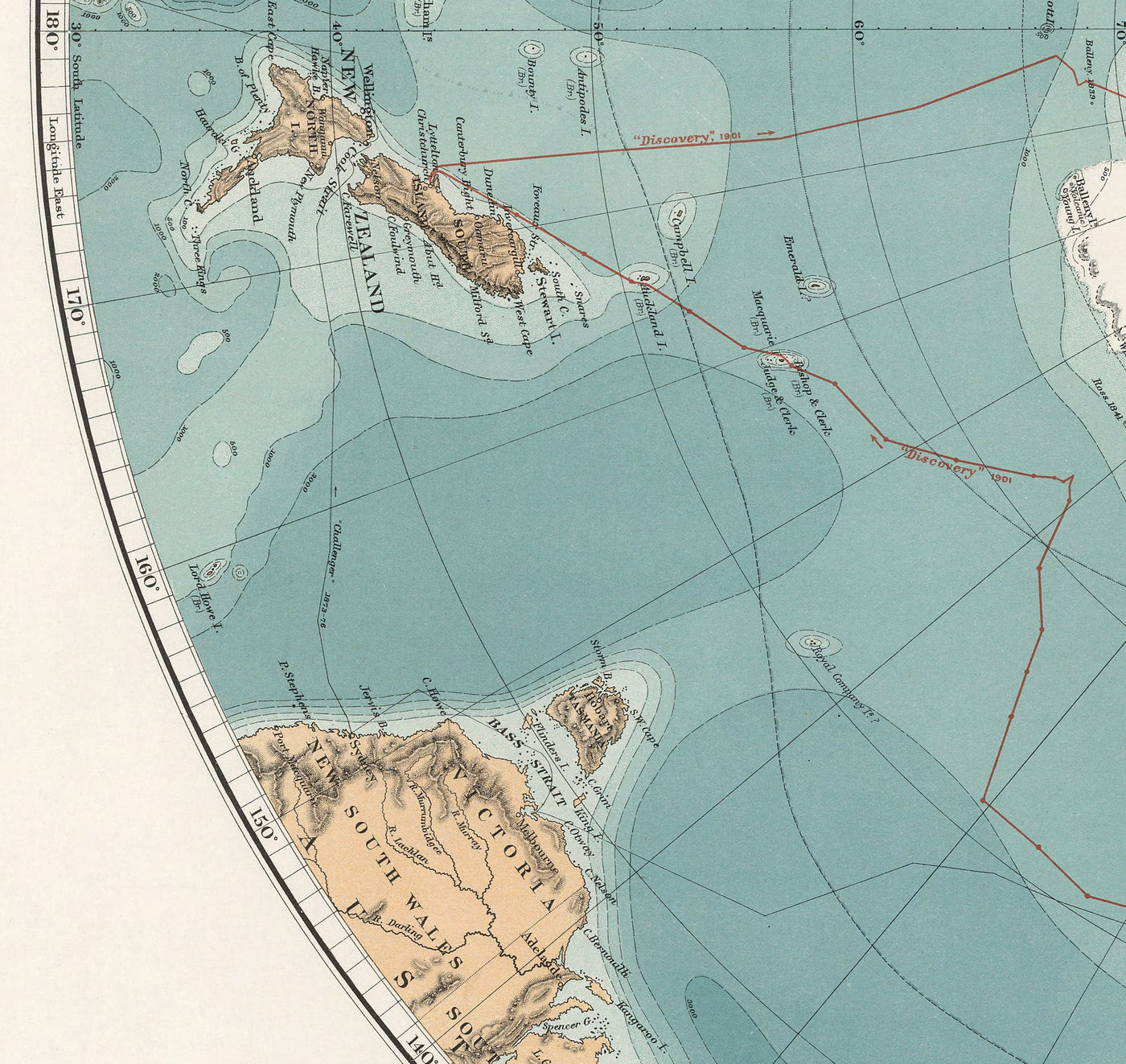 Old Antarctica South Pole Map 1904 by Stanford - Vintage Atlas Explorer Map of the Antarctic