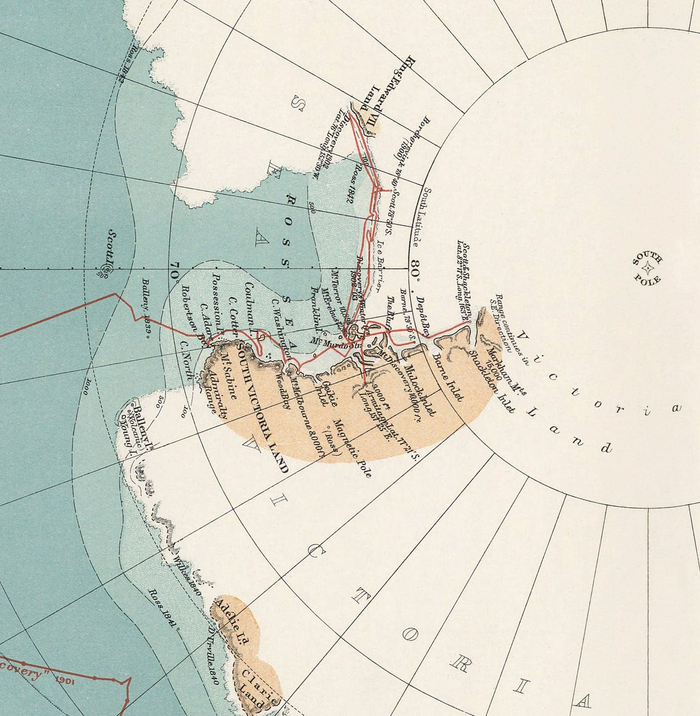 Old Antarctica South Pole Map 1904 by Stanford - Vintage Atlas Explorer Map of the Antarctic