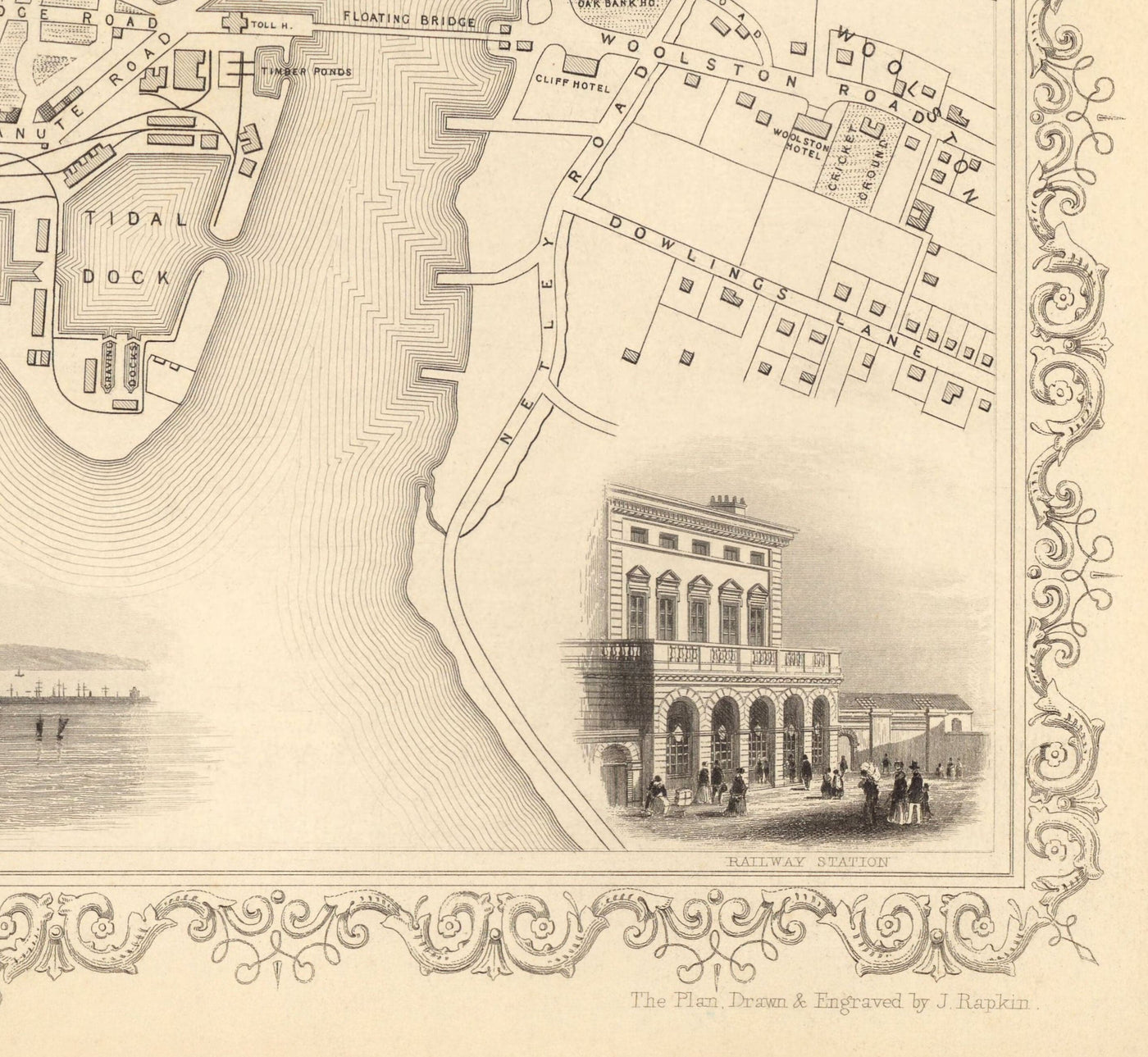 Old Map of Southampton in 1851 by Tallis & Rapkin - City Centre, River Itchen, Chapel, Docks, Ocean Village
