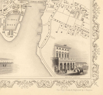 Old Map of Southampton in 1851 by Tallis & Rapkin - City Centre, River Itchen, Chapel, Docks, Ocean Village