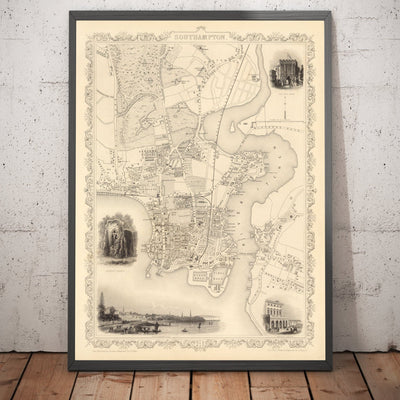 Old Map of Southampton in 1851 by Tallis & Rapkin - City Centre, River Itchen, Chapel, Docks, Ocean Village