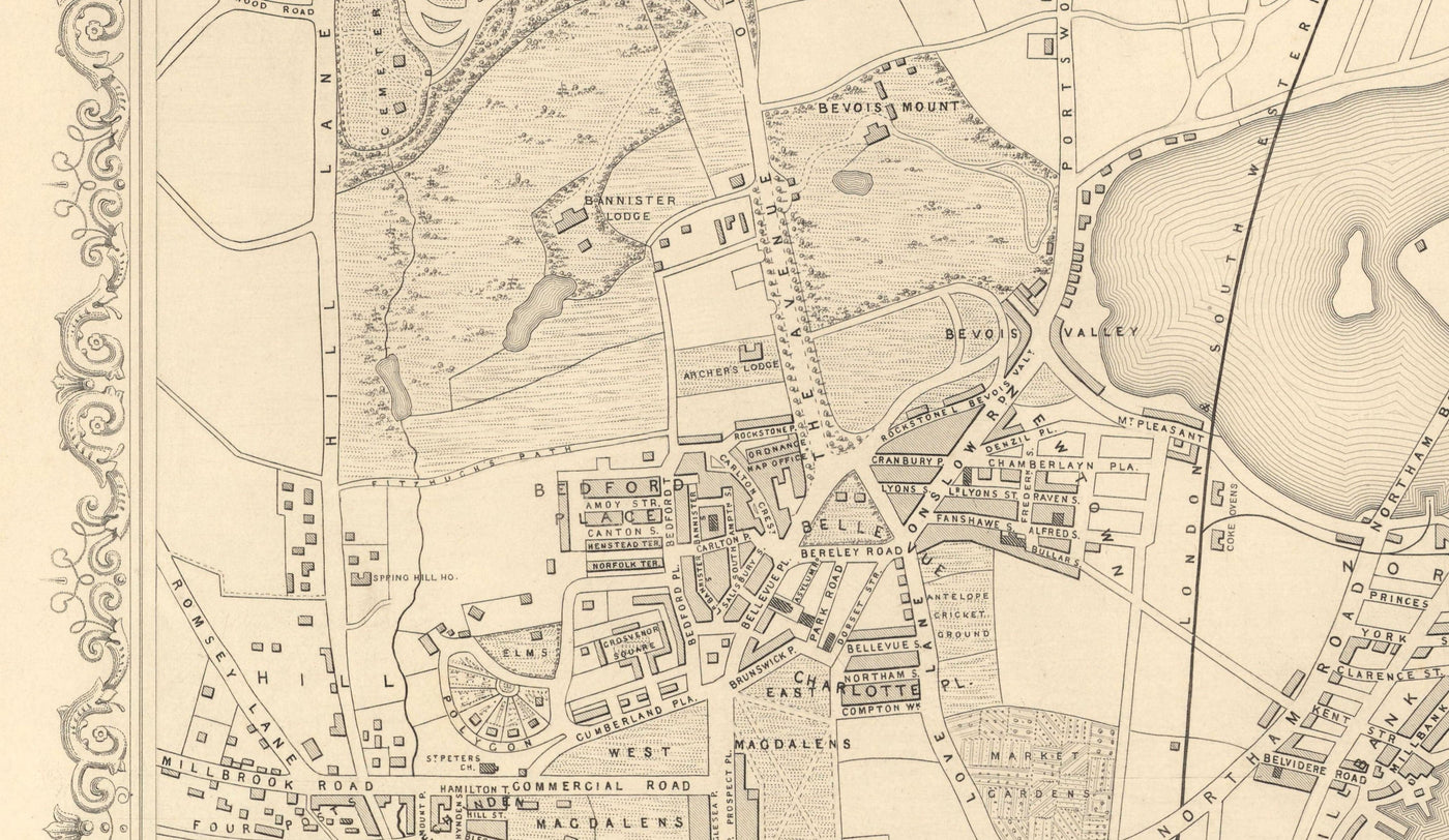 Old Map of Southampton in 1851 by Tallis & Rapkin - City Centre, River Itchen, Chapel, Docks, Ocean Village