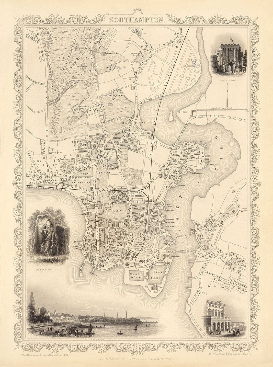 Old Map of Southampton in 1851 by Tallis & Rapkin - City Centre, River Itchen, Chapel, Docks, Ocean Village