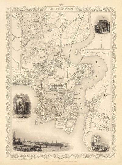 Old Map of Southampton in 1851 by Tallis & Rapkin - City Centre, River Itchen, Chapel, Docks, Ocean Village