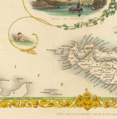 Old Map of Southern Italy in 1851 by Tallis & Rapkin - Sicily, Sardinia, Corsica, Naples, Palermo