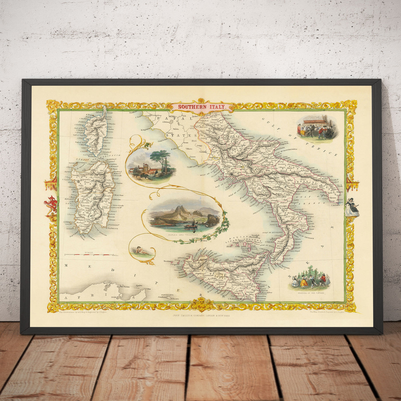 Old Map of Southern Italy in 1851 by Tallis & Rapkin - Sicily, Sardinia, Corsica, Naples, Palermo