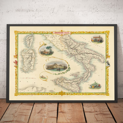 Old Map of Southern Italy in 1851 by Tallis & Rapkin - Sicily, Sardinia, Corsica, Naples, Palermo