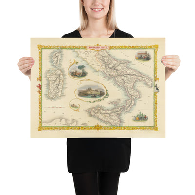 Old Map of Southern Italy in 1851 by Tallis & Rapkin - Sicily, Sardinia, Corsica, Naples, Palermo