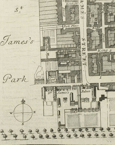 Mapa antiguo de la parroquia de St James, 1720 por Strype y Stow - Londres, Piccadilly, St James's Square, Pall Mall, Westminster
