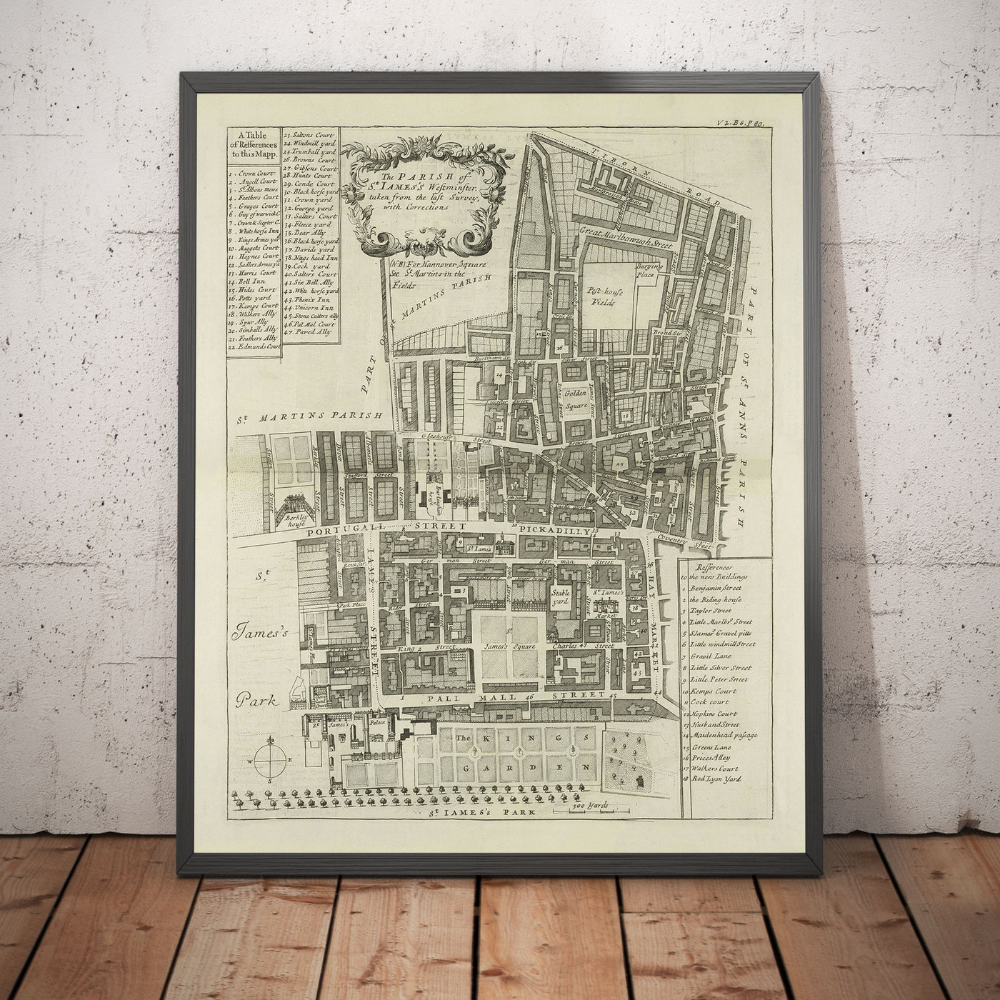 Mapa antiguo de la parroquia de St James, 1720 por Strype y Stow - Londres, Piccadilly, St James's Square, Pall Mall, Westminster