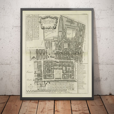 Mapa antiguo de la parroquia de St James, 1720 por Strype y Stow - Londres, Piccadilly, St James's Square, Pall Mall, Westminster