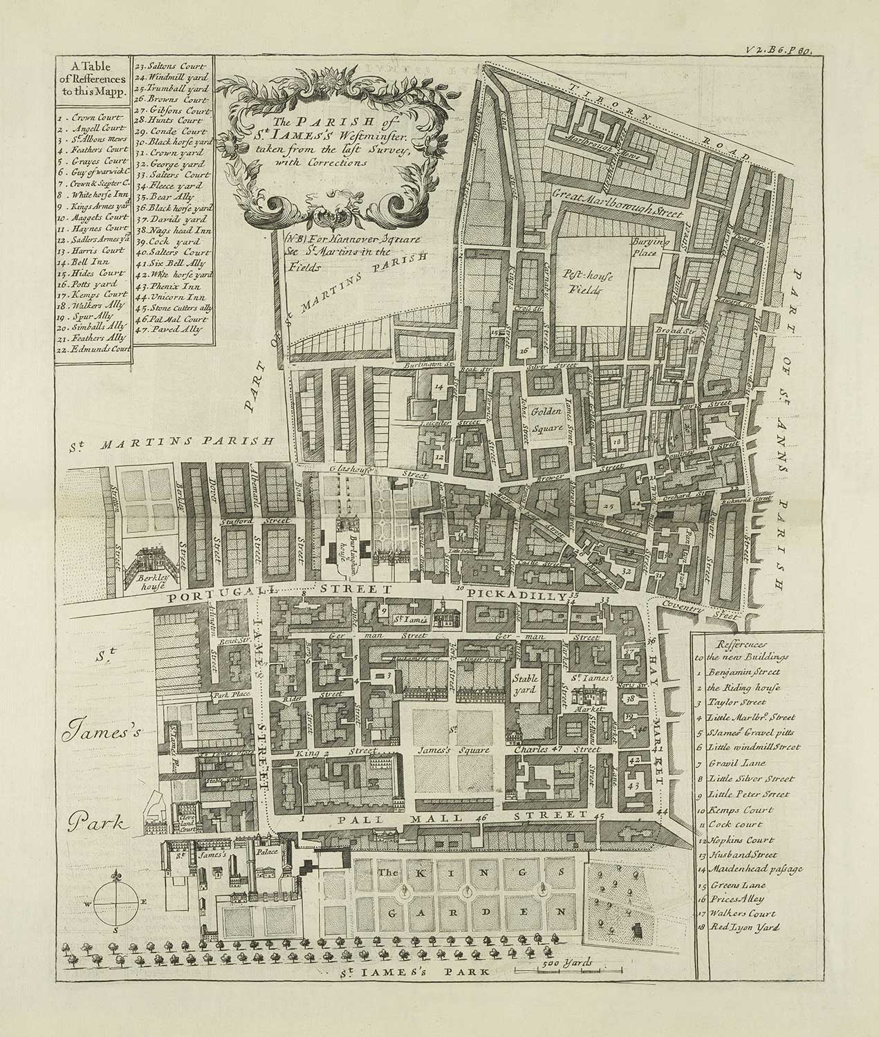Mapa antiguo de la parroquia de St James, 1720 por Strype y Stow - Londres, Piccadilly, St James's Square, Pall Mall, Westminster