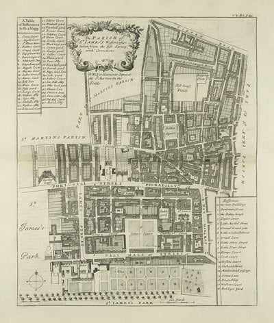 Mapa antiguo de la parroquia de St James, 1720 por Strype y Stow - Londres, Piccadilly, St James's Square, Pall Mall, Westminster