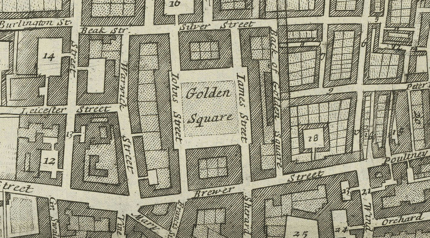 Mapa antiguo de la parroquia de St James, 1720 por Strype y Stow - Londres, Piccadilly, St James's Square, Pall Mall, Westminster