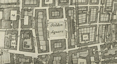 Mapa antiguo de la parroquia de St James, 1720 por Strype y Stow - Londres, Piccadilly, St James's Square, Pall Mall, Westminster