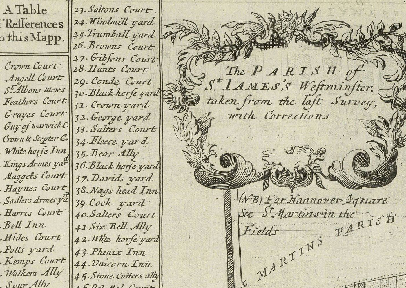 Mapa antiguo de la parroquia de St James, 1720 por Strype y Stow - Londres, Piccadilly, St James's Square, Pall Mall, Westminster