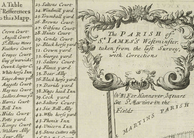 Mapa antiguo de la parroquia de St James, 1720 por Strype y Stow - Londres, Piccadilly, St James's Square, Pall Mall, Westminster
