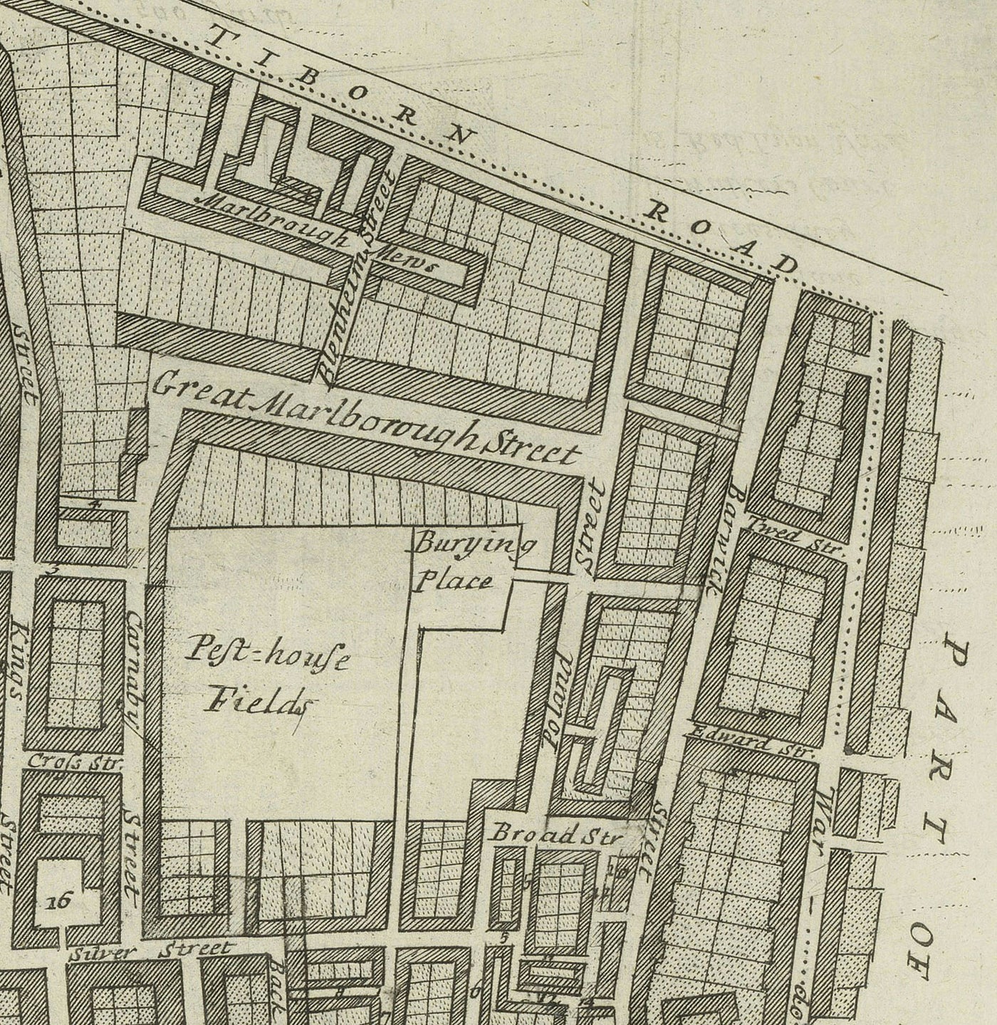 Mapa antiguo de la parroquia de St James, 1720 por Strype y Stow - Londres, Piccadilly, St James's Square, Pall Mall, Westminster