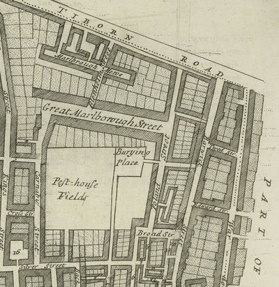 Mapa antiguo de la parroquia de St James, 1720 por Strype y Stow - Londres, Piccadilly, St James's Square, Pall Mall, Westminster