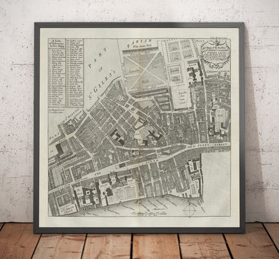 Mapa antiguo de St Mary Savoy, 1720 por Strype y Stow - Londres, Holborn, Strand, Fleet Street, Río Támesis