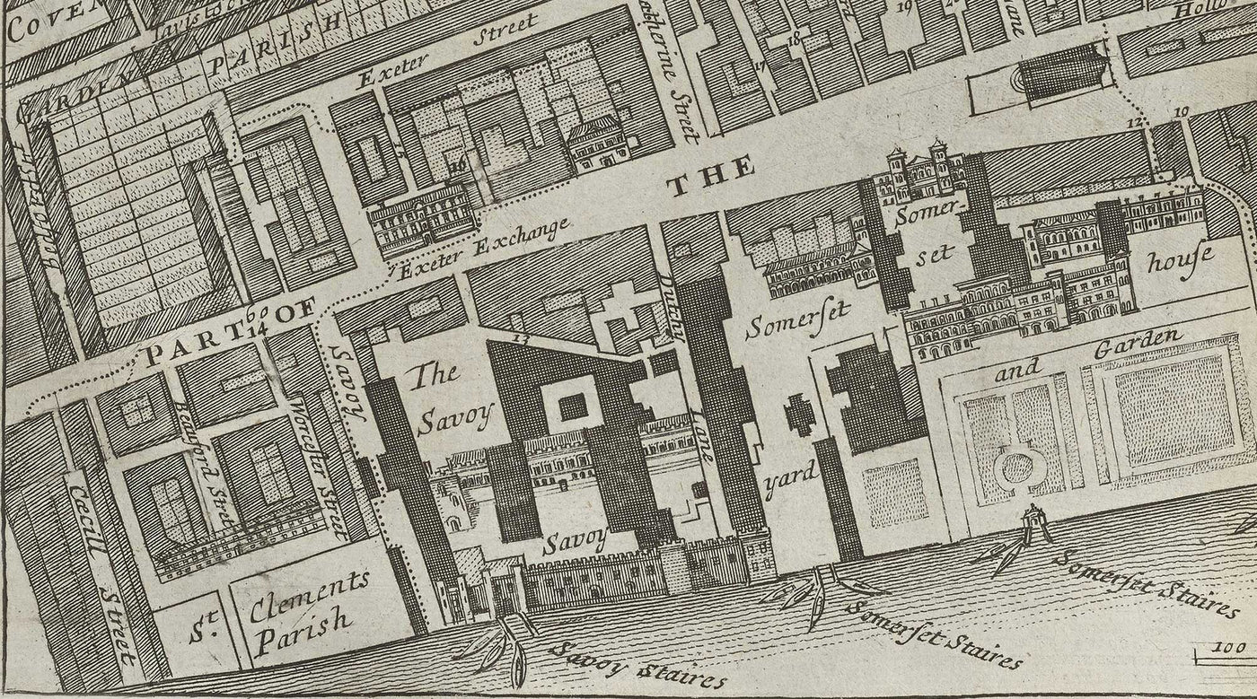 Mapa antiguo de St Mary Savoy, 1720 por Strype y Stow - Londres, Holborn, Strand, Fleet Street, Río Támesis