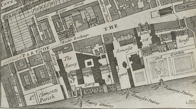 Mapa antiguo de St Mary Savoy, 1720 por Strype y Stow - Londres, Holborn, Strand, Fleet Street, Río Támesis