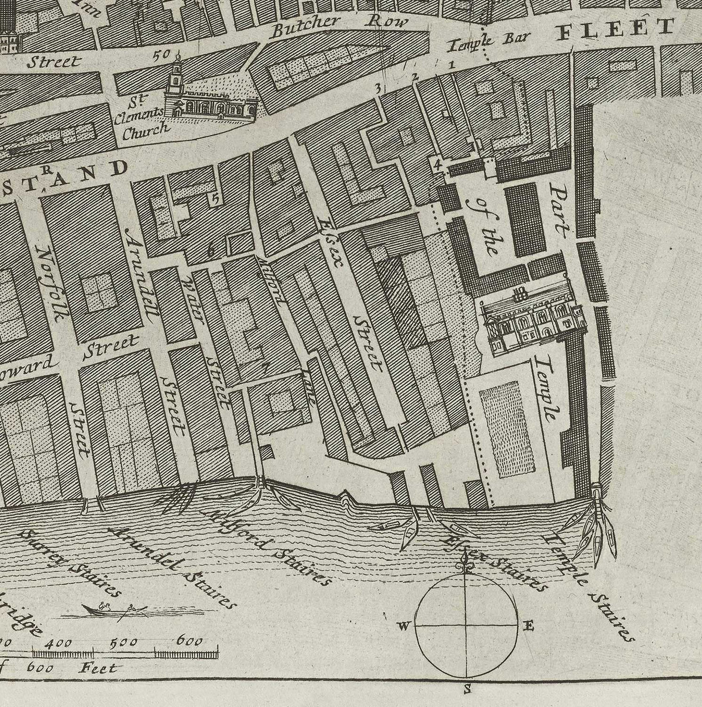 Mapa antiguo de St Mary Savoy, 1720 por Strype y Stow - Londres, Holborn, Strand, Fleet Street, Río Támesis