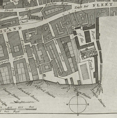 Mapa antiguo de St Mary Savoy, 1720 por Strype y Stow - Londres, Holborn, Strand, Fleet Street, Río Támesis