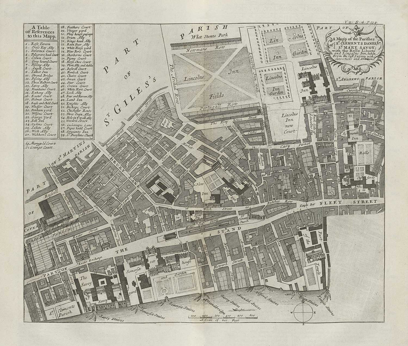 Mapa antiguo de St Mary Savoy, 1720 por Strype y Stow - Londres, Holborn, Strand, Fleet Street, Río Támesis