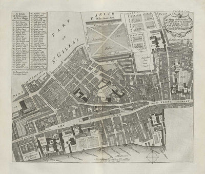 Mapa antiguo de St Mary Savoy, 1720 por Strype y Stow - Londres, Holborn, Strand, Fleet Street, Río Támesis