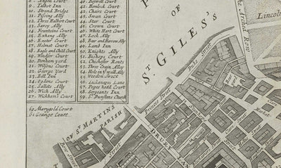 Mapa antiguo de St Mary Savoy, 1720 por Strype y Stow - Londres, Holborn, Strand, Fleet Street, Río Támesis