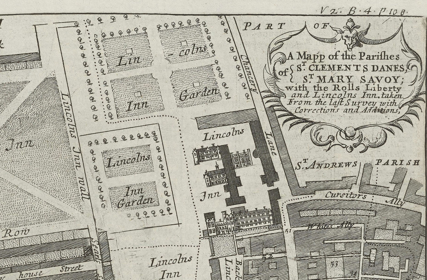 Mapa antiguo de St Mary Savoy, 1720 por Strype y Stow - Londres, Holborn, Strand, Fleet Street, Río Támesis