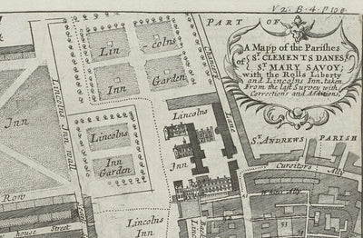 Mapa antiguo de St Mary Savoy, 1720 por Strype y Stow - Londres, Holborn, Strand, Fleet Street, Río Támesis