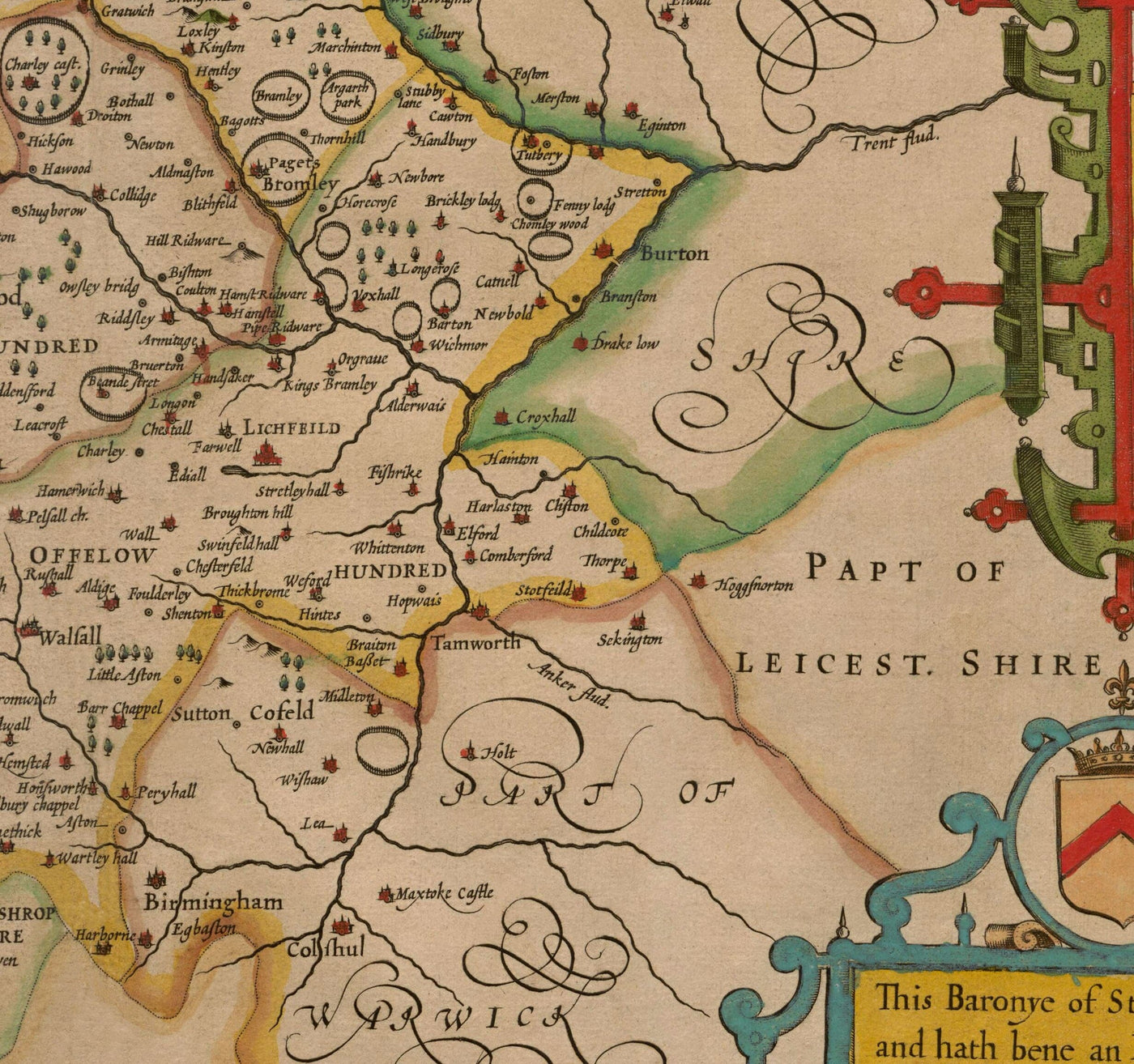 Old Map of Staffordshire, 1611 by John Speed - Stafford, Wolverhampton, Stoke-on-Trent, Lichfield, Birmingham, Dudley, Walsall