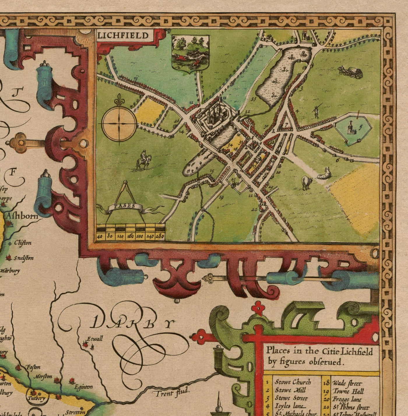 Old Map of Staffordshire, 1611 by John Speed - Stafford, Wolverhampton, Stoke-on-Trent, Lichfield, Birmingham, Dudley, Walsall