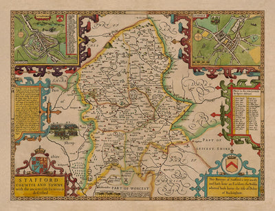 Old Map of Staffordshire, 1611 by John Speed - Stafford, Wolverhampton, Stoke-on-Trent, Lichfield, Birmingham, Dudley, Walsall