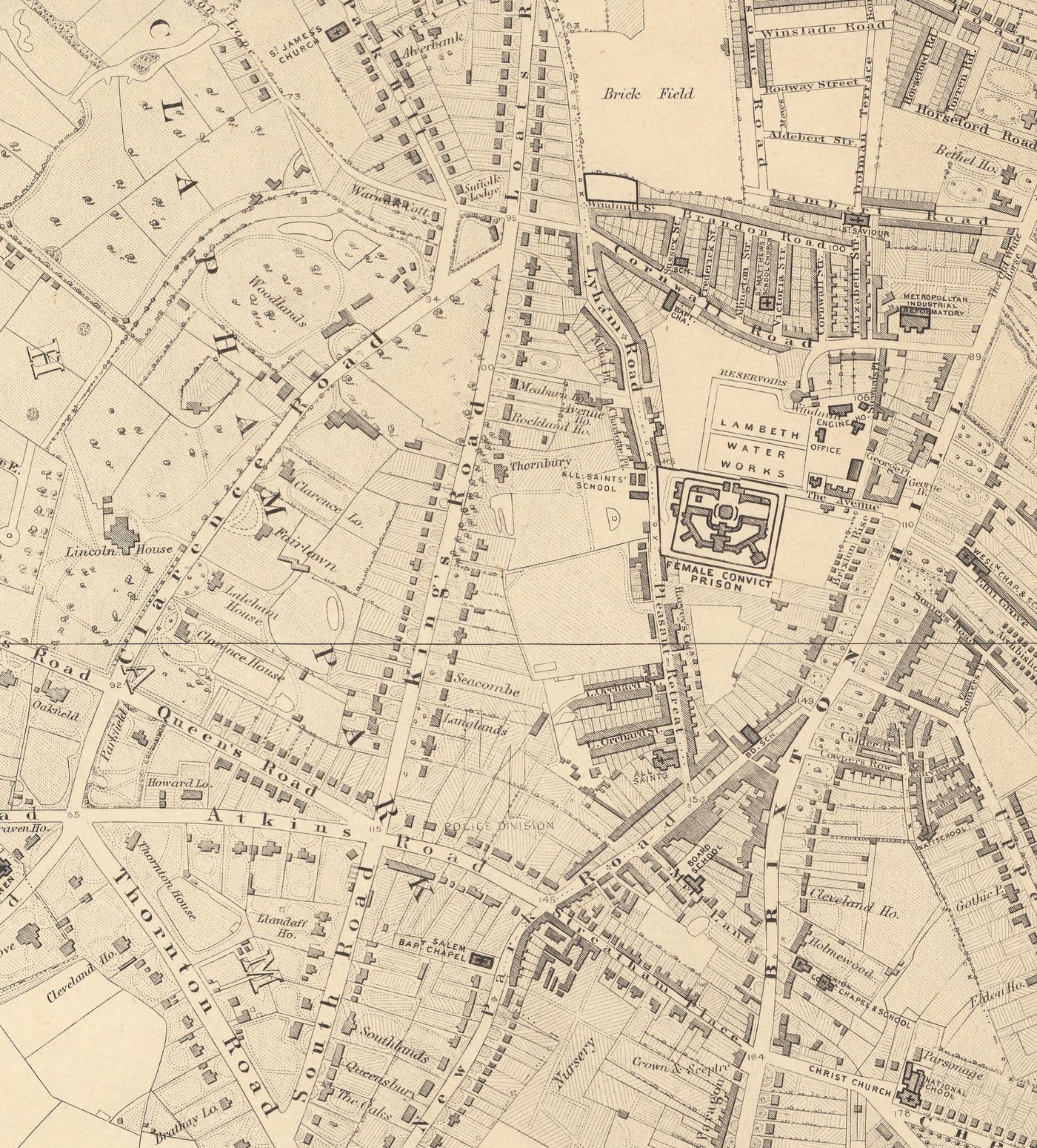 Old Map of South London in 1862 by Edward Stanford - Clapham, Balham, Brixton, Tooting - SW2, SW4, SW12, SW17, SW11