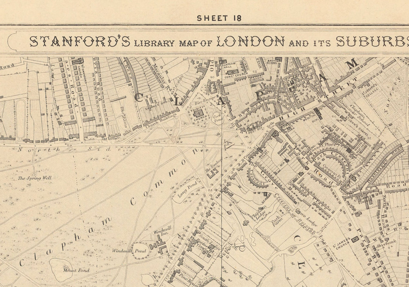 Old Map of South London in 1862 by Edward Stanford - Clapham, Balham, Brixton, Tooting - SW2, SW4, SW12, SW17, SW11