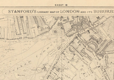 Old Map of South London in 1862 by Edward Stanford - Clapham, Balham, Brixton, Tooting - SW2, SW4, SW12, SW17, SW11