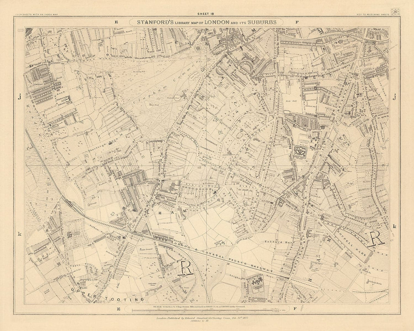 Old Map of South London in 1862 by Edward Stanford - Clapham, Balham, Brixton, Tooting - SW2, SW4, SW12, SW17, SW11