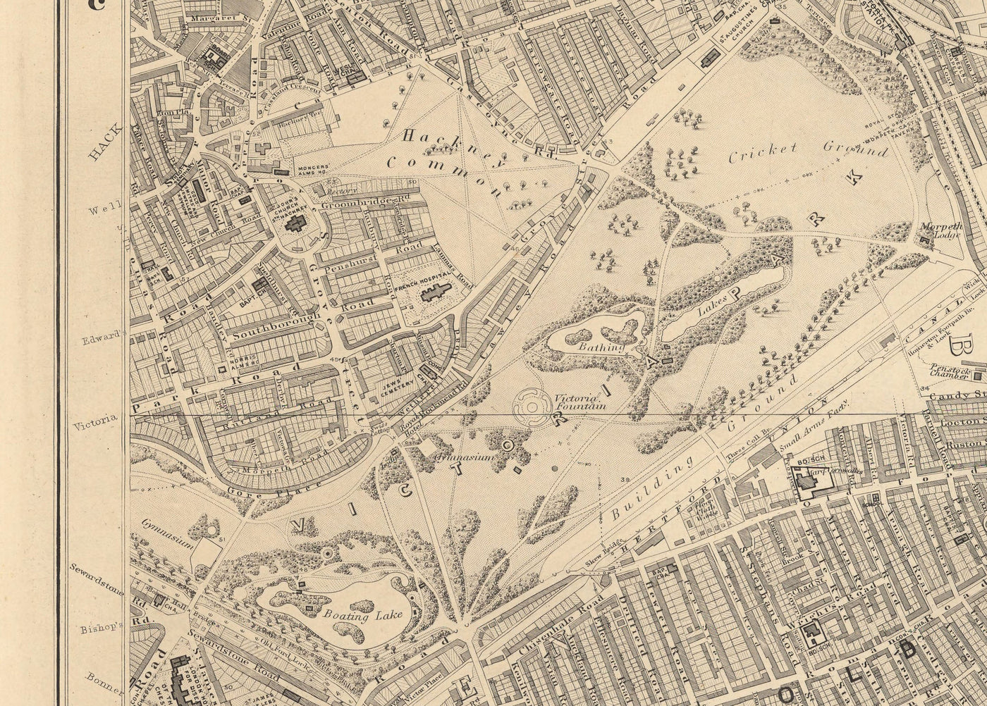 Old Map of East London in 1862 by Edward Stanford - Victoria Park, Hackney, Bow, Stratford, Tower Hamlets - E9, E20, E3, E15