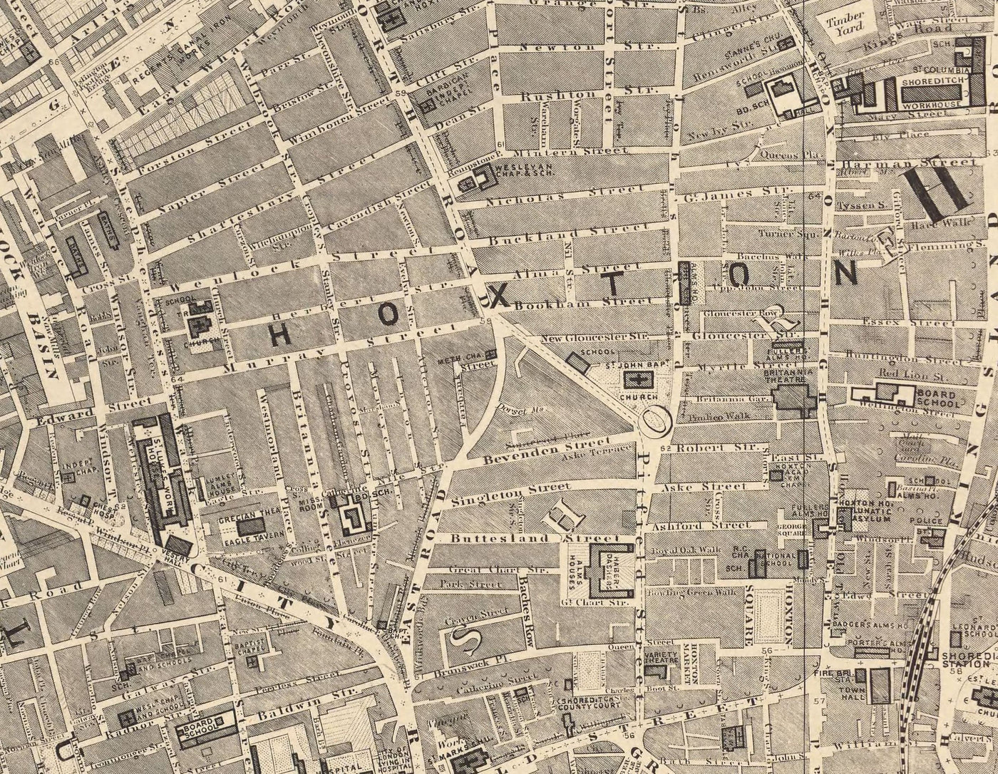 Old Map of London in 1862 by Edward Stanford - Hoxton, Haggerston, Dalston, Hackney, Bethnal Green, Shoreditch - N1, N5, E8, E2, EC1