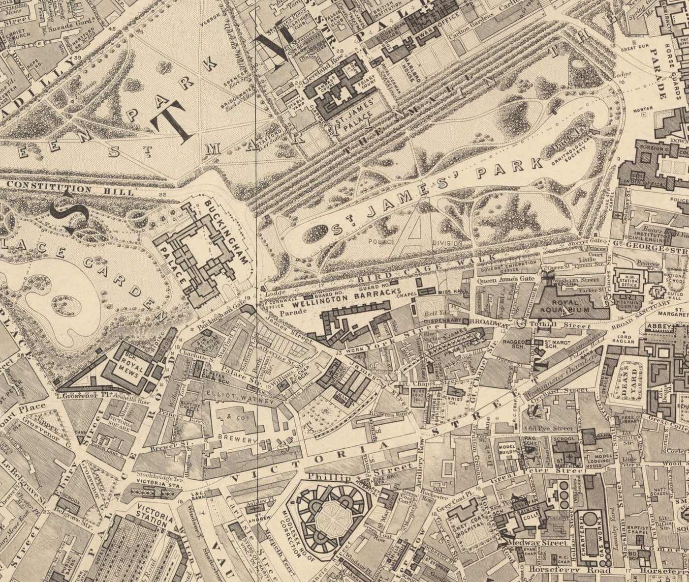 Old Map of Central London by Edward Stanford, 1862 - Mayfair, Oxford Street, Westminster, Knightsbridge, Waterloo - W1, WC1, WC2, SW1, W2
