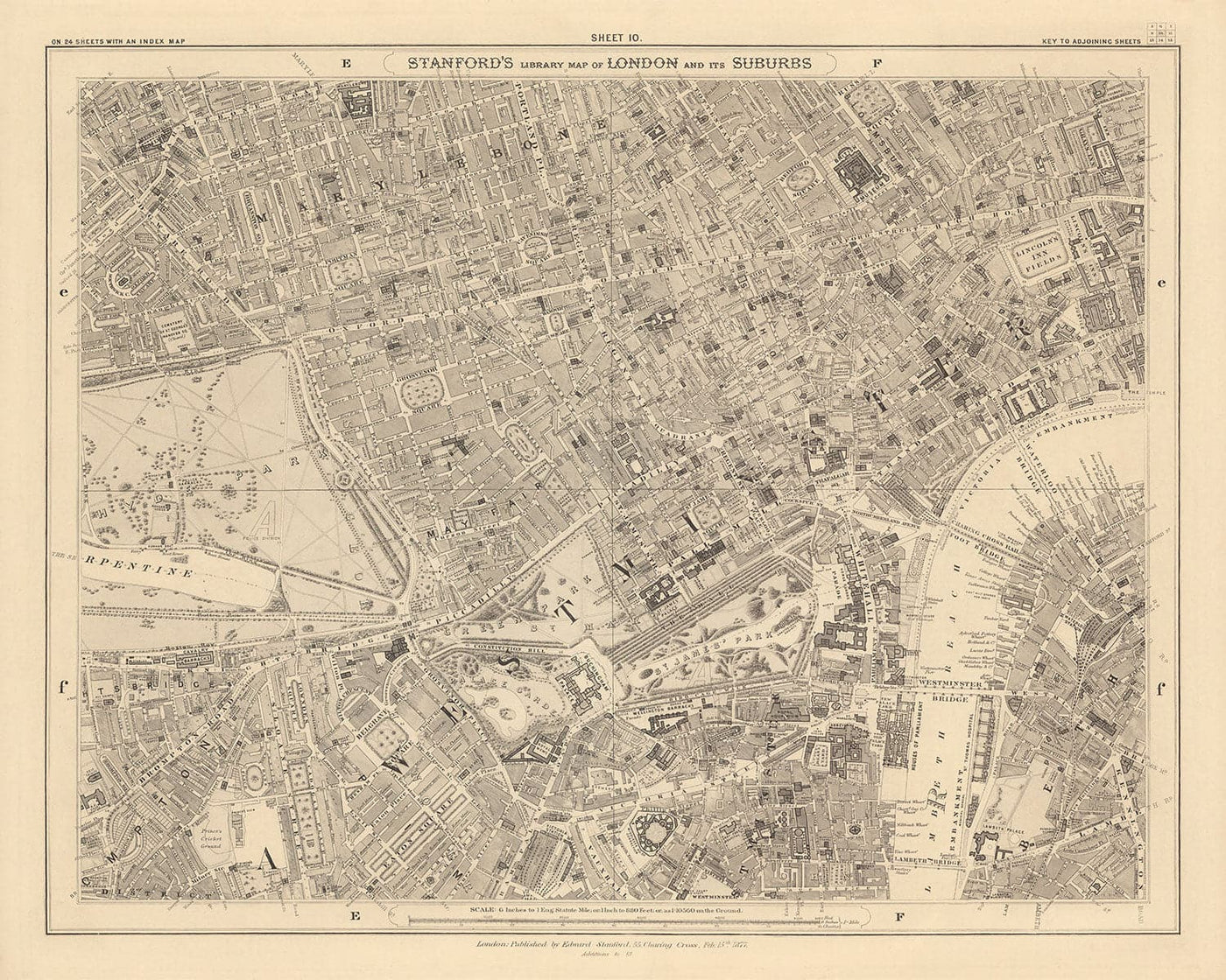 Old Map of Central London by Edward Stanford, 1862 - Mayfair, Oxford Street, Westminster, Knightsbridge, Waterloo - W1, WC1, WC2, SW1, W2