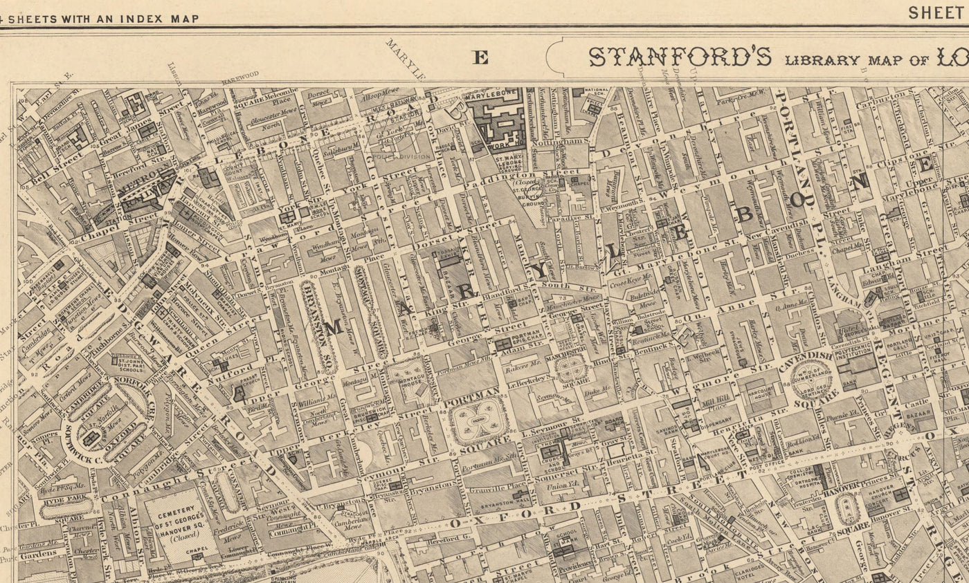 Old Map of Central London by Edward Stanford, 1862 - Mayfair, Oxford Street, Westminster, Knightsbridge, Waterloo - W1, WC1, WC2, SW1, W2