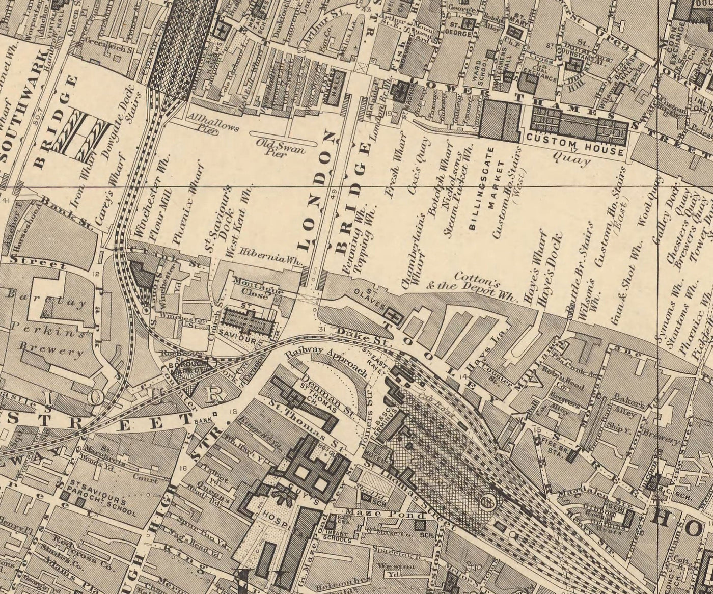 Old Map of City of London by Edward Stanford, 1862 - London Bridge, St Pauls, Liverpool St, Bank, Finsbury, Southwark - EC1, EC2, EC3, EC4, E1, E1W, SE1, SE16