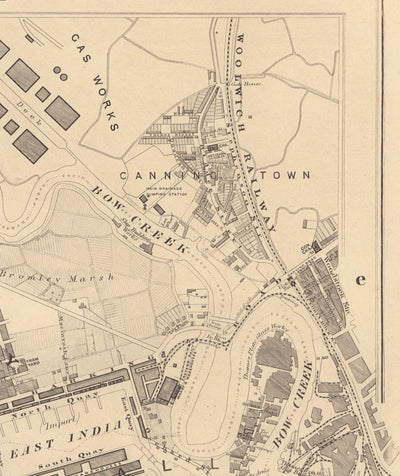 Mapa antiguo de East London en 1862 de Edward Stanford - Isla de Perros, Tower Hamlets, Limehouse, Poplar, Surrey Quays - E1, E3, E14, SE16