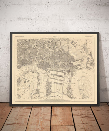 Mapa antiguo de East London en 1862 de Edward Stanford - Isla de Perros, Tower Hamlets, Limehouse, Poplar, Surrey Quays - E1, E3, E14, SE16
