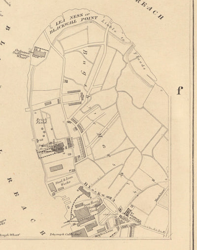 Mapa antiguo de East London en 1862 de Edward Stanford - Isla de Perros, Tower Hamlets, Limehouse, Poplar, Surrey Quays - E1, E3, E14, SE16